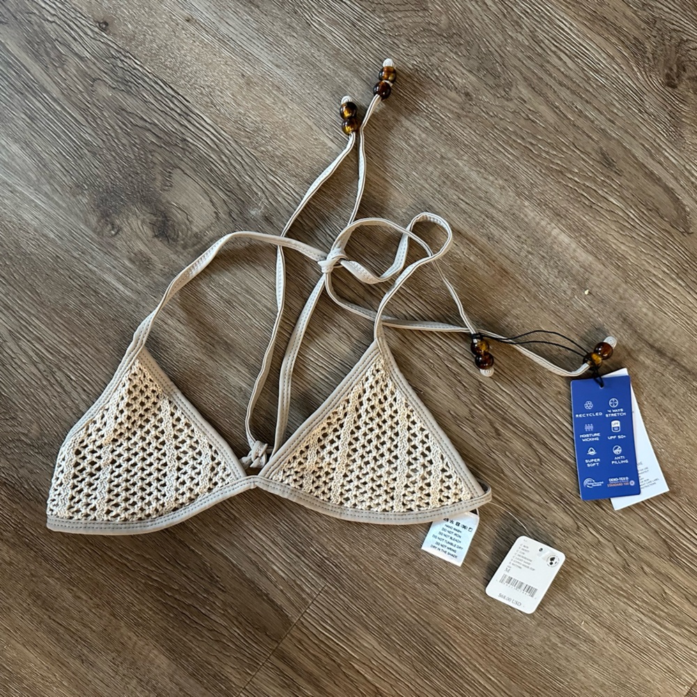 Free People Beige Crochet Triangle Bikini Top